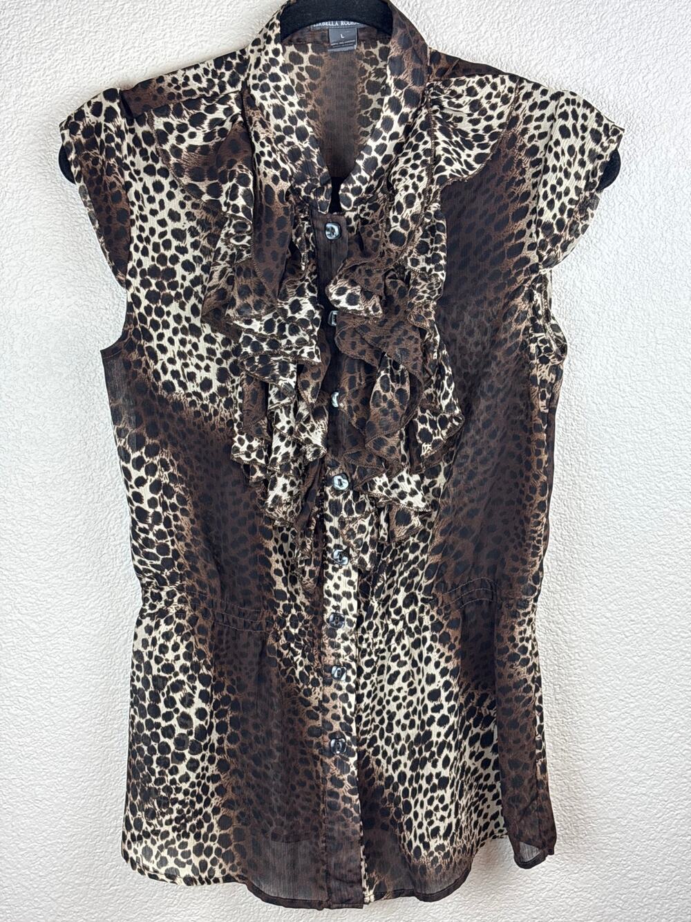 Isabella Rodriguez Leopard Sheer Sleeveless Ruffled Blouse Size Large